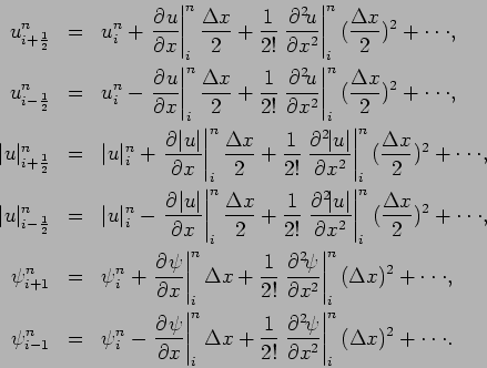 \begin{eqnarray*}
u_{i+\frac{1}{2}}^{n}&=&u_{i}^{n}+\left.\DP{u}{x}\right\vert ...
...{x}\right\vert _{i}^{n}
(\Delta x)^{2}
+ \cdot \cdot \cdot .
\end{eqnarray*}