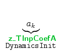 $\displaystyle \underbrace{a_k}_{\begin{array}{r} \mbox{{\cmssbx\textcolor{PineGreen}{z\_TInpCoefA}}} \\ \mbox{{\footnotesize\tt DynamicsInit}} \end{array}}$