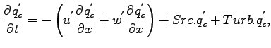 $\displaystyle \DP{q_{c}^{'}}{t}
=
- \left(
u^{'}\DP{q_{c}^{'}}{x}
+ w^{'}\DP{q_{c}^{'}}{x}
\right)
+ Src.q_{c}^{'} + Turb.q_{c}^{'},$