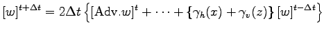 $\displaystyle [w]^{t + \Delta t} = 2 \Delta t
\left\{
[{\rm Adv}.w]^{t}
+ \cdots
+ \left\{
\gamma_{h}(x) + \gamma_{v}(z)
\right\} [w]^{t - \Delta t}
\right\}$