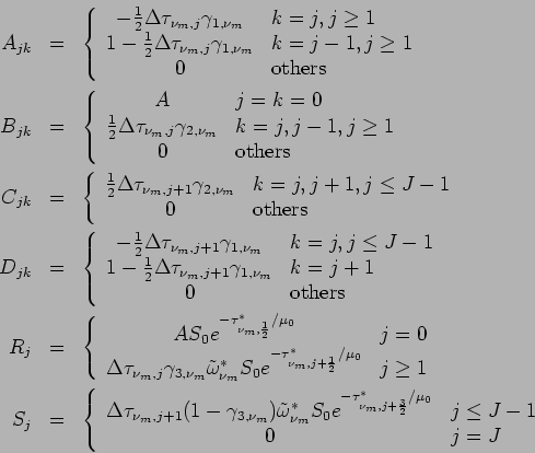 \begin{eqnarray*}
A_{jk} &=& \left\{
\begin{array}{cl}
- \frac{1}{2}\Delta \t...
...}}^{*}
/\mu_{0}} &
j\leq J-1 \\
0 & j=J
\end{array} \right.
\end{eqnarray*}