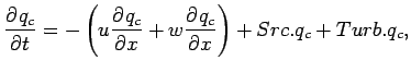 $\displaystyle \DP{q_{c}}{t}
=
- \left(
u\DP{q_{c}}{x}
+ w\DP{q_{c}}{x}
\right)
+ Src.q_{c} + Turb.q_{c},$