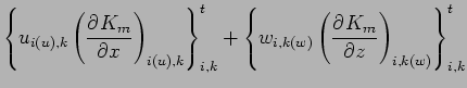 $\displaystyle \left\{
u_{i(u),k} \left( \DP{K_{m}}{x} \right)_{i(u), k}
\right\...
...
+
\left\{
w_{i,k(w)} \left( \DP{K_{m}}{z} \right)_{i, k(w)}
\right\}_{i,k}^{t}$