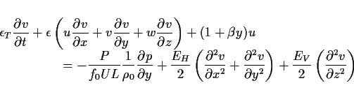 \begin{displaymath}
\begin{array}{l} \Ddsty{
\epsilon_T\DP{v}{t}
+ \epsilon\l...
...right)
+ \frac{E_V}{2}\left(\DP[2]{v}{z}\right) }
\end{array}\end{displaymath}